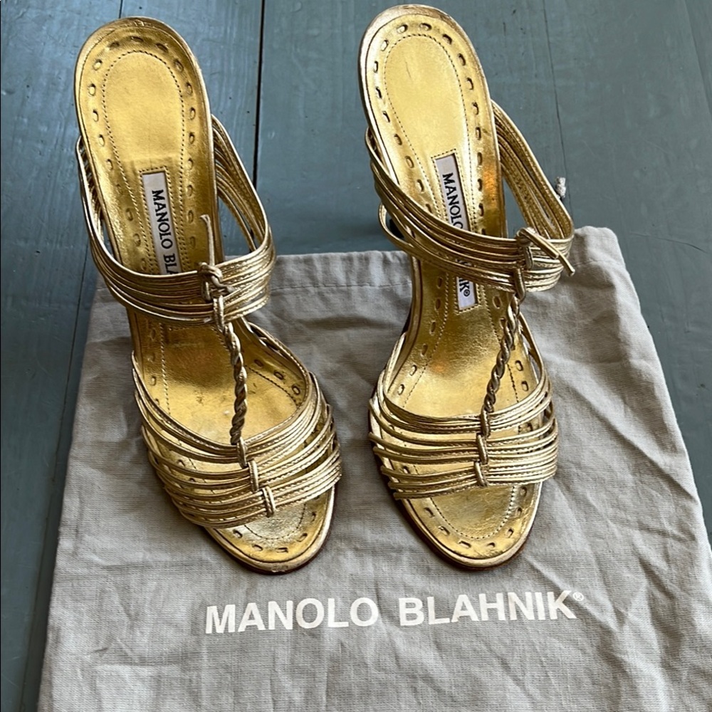 Manolo Blahnik Gold Strappy Heels